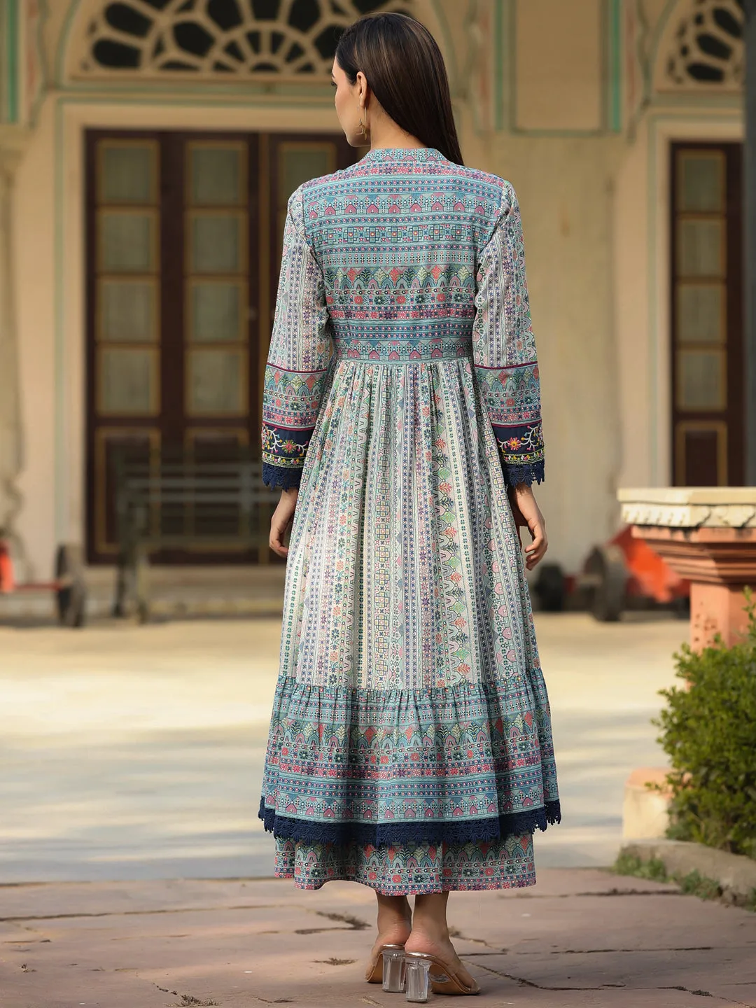 Jashvi Women Sky-Blue Cotton Cambric Tribal Printed Maxi Dress with Jacket