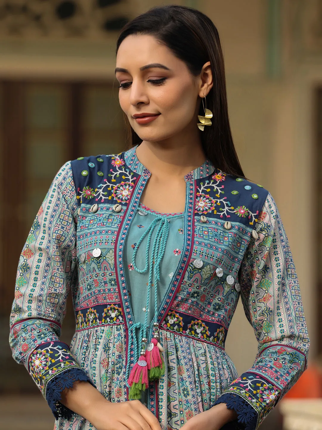 Jashvi Women Sky-Blue Cotton Cambric Tribal Printed Maxi Dress with Jacket