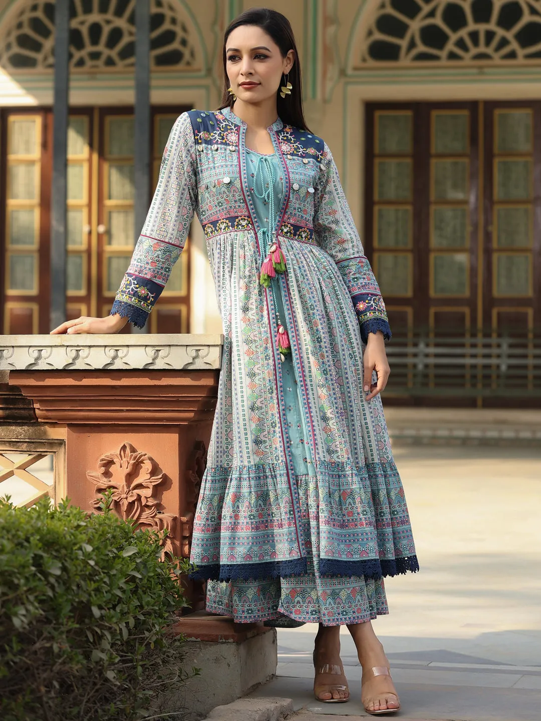Jashvi Women Sky-Blue Cotton Cambric Tribal Printed Maxi Dress with Jacket