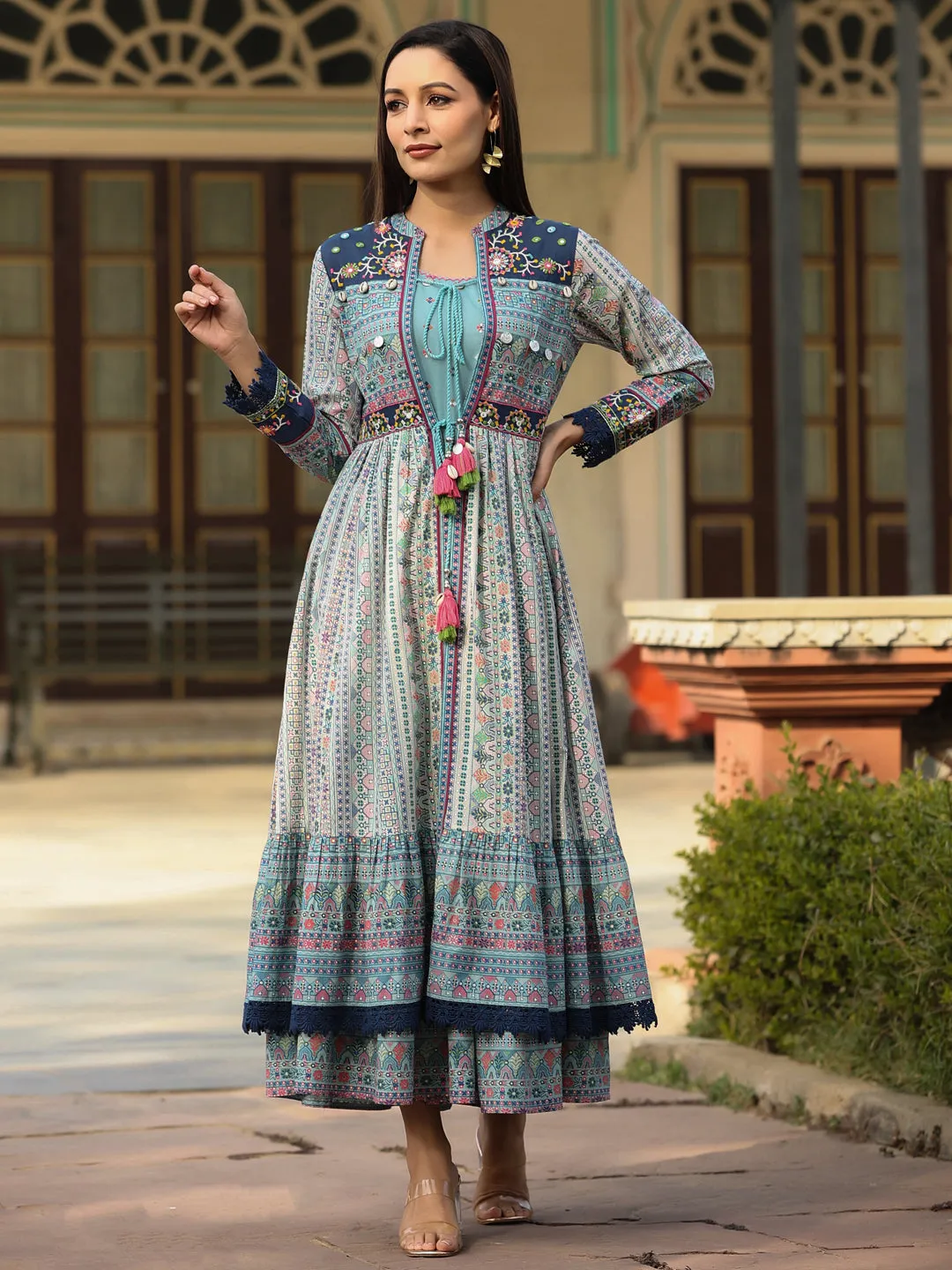 Jashvi Women Sky-Blue Cotton Cambric Tribal Printed Maxi Dress with Jacket