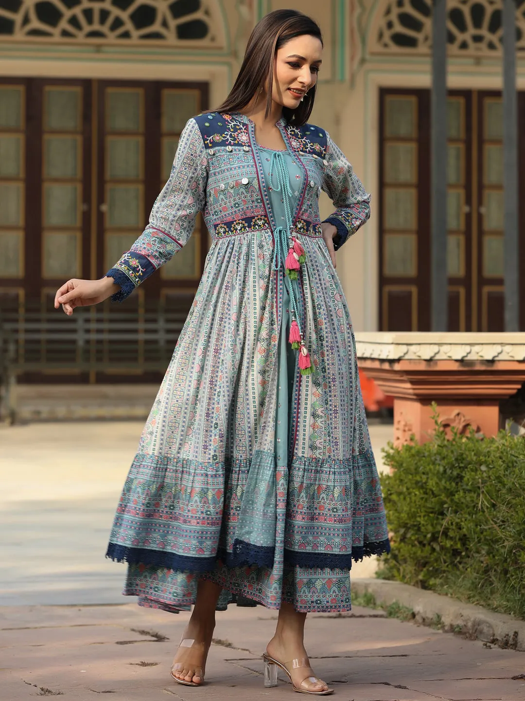 Jashvi Women Sky-Blue Cotton Cambric Tribal Printed Maxi Dress with Jacket