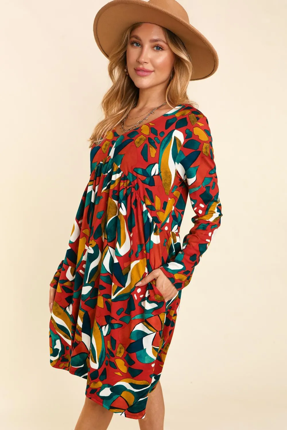 Kailey Abstract Long Sleeve Babydoll Dress - Rust/Teal