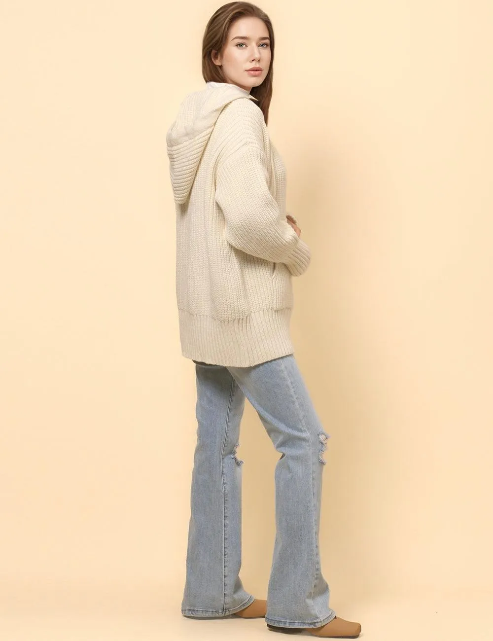 Ladies Solid Color Hip Length Hoodie Cardigan SKT4813