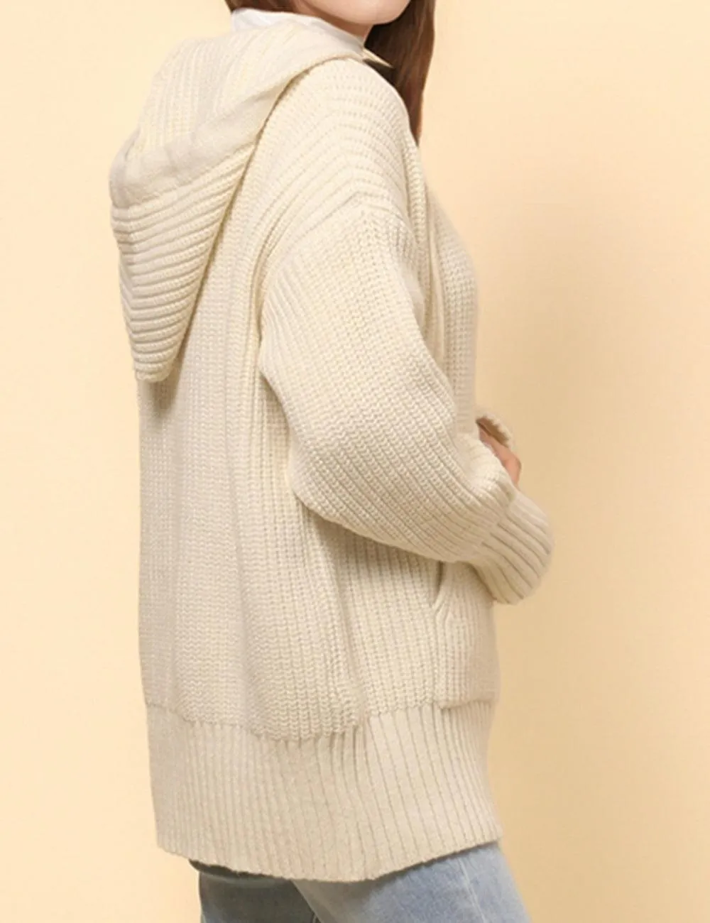 Ladies Solid Color Hip Length Hoodie Cardigan SKT4813
