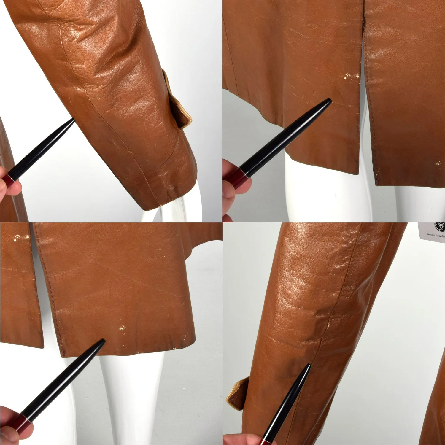 Large 1970s Brown Leather Trench Coat Wide Collar with Great Details