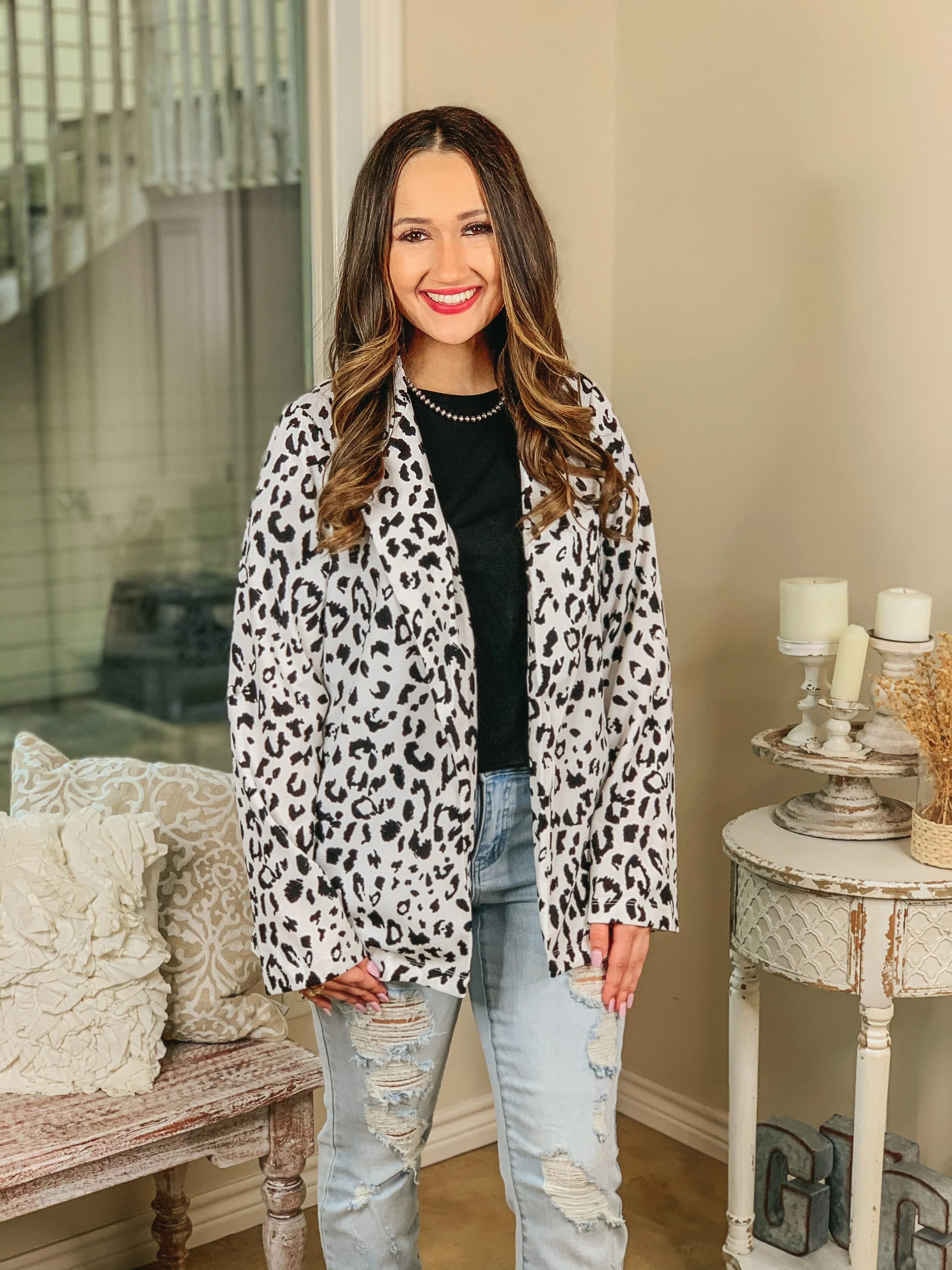 Last Chance Size Small | Out Of Office Leopard Print Open Front Blazer with Long Sleeves in White