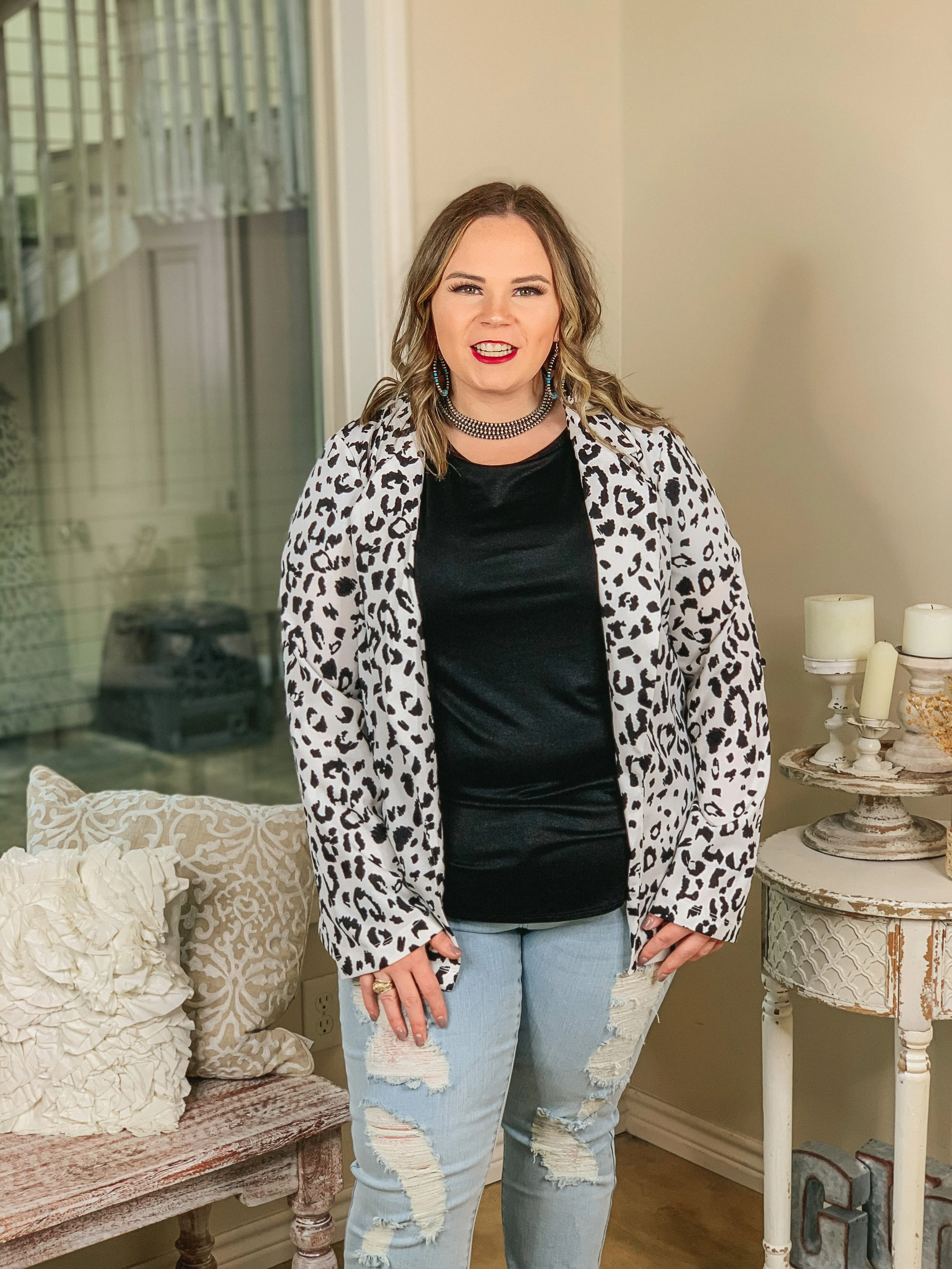 Last Chance Size Small | Out Of Office Leopard Print Open Front Blazer with Long Sleeves in White