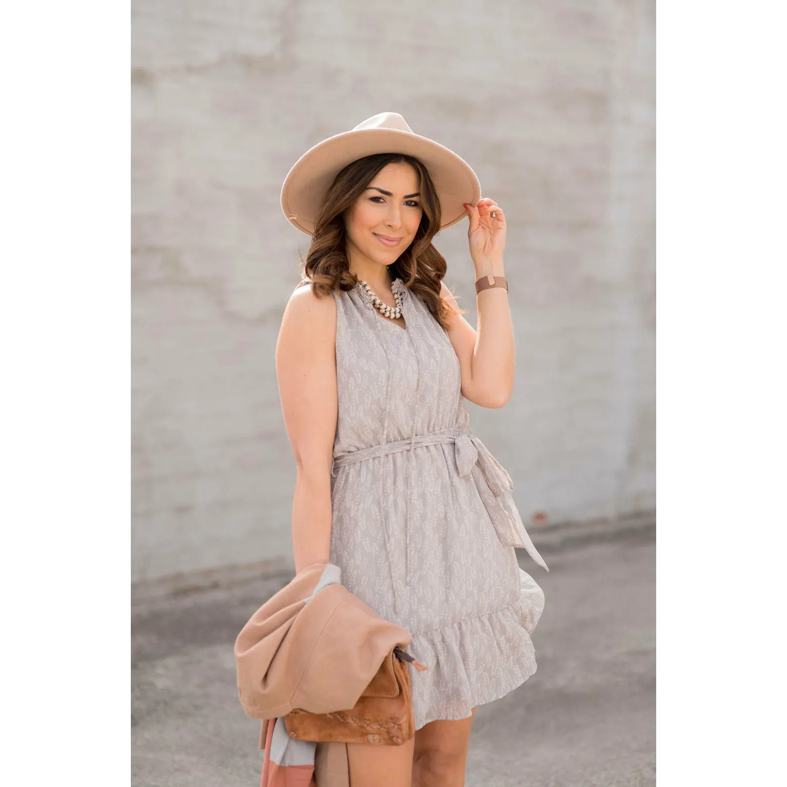 Leaf Printed Ruffled Tie Dress