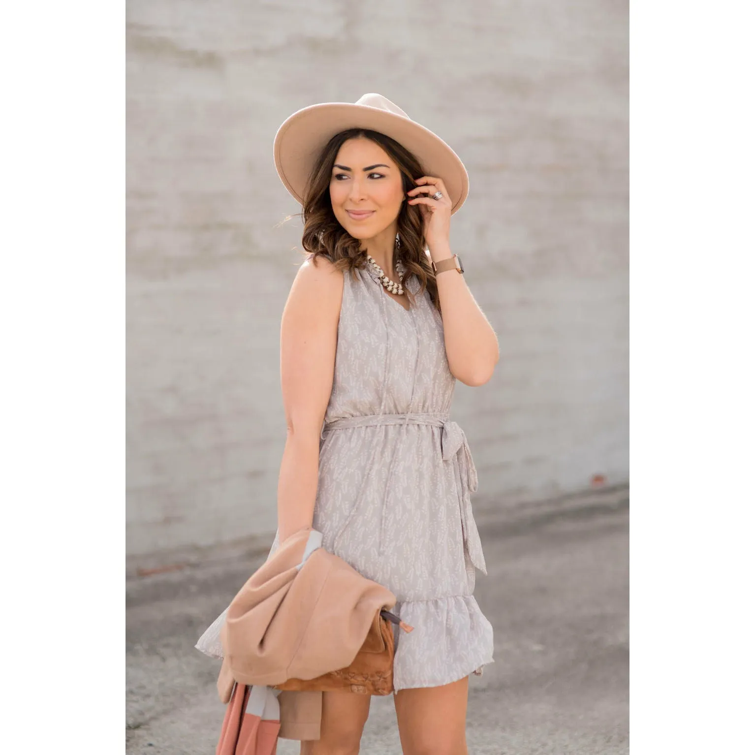 Leaf Printed Ruffled Tie Dress