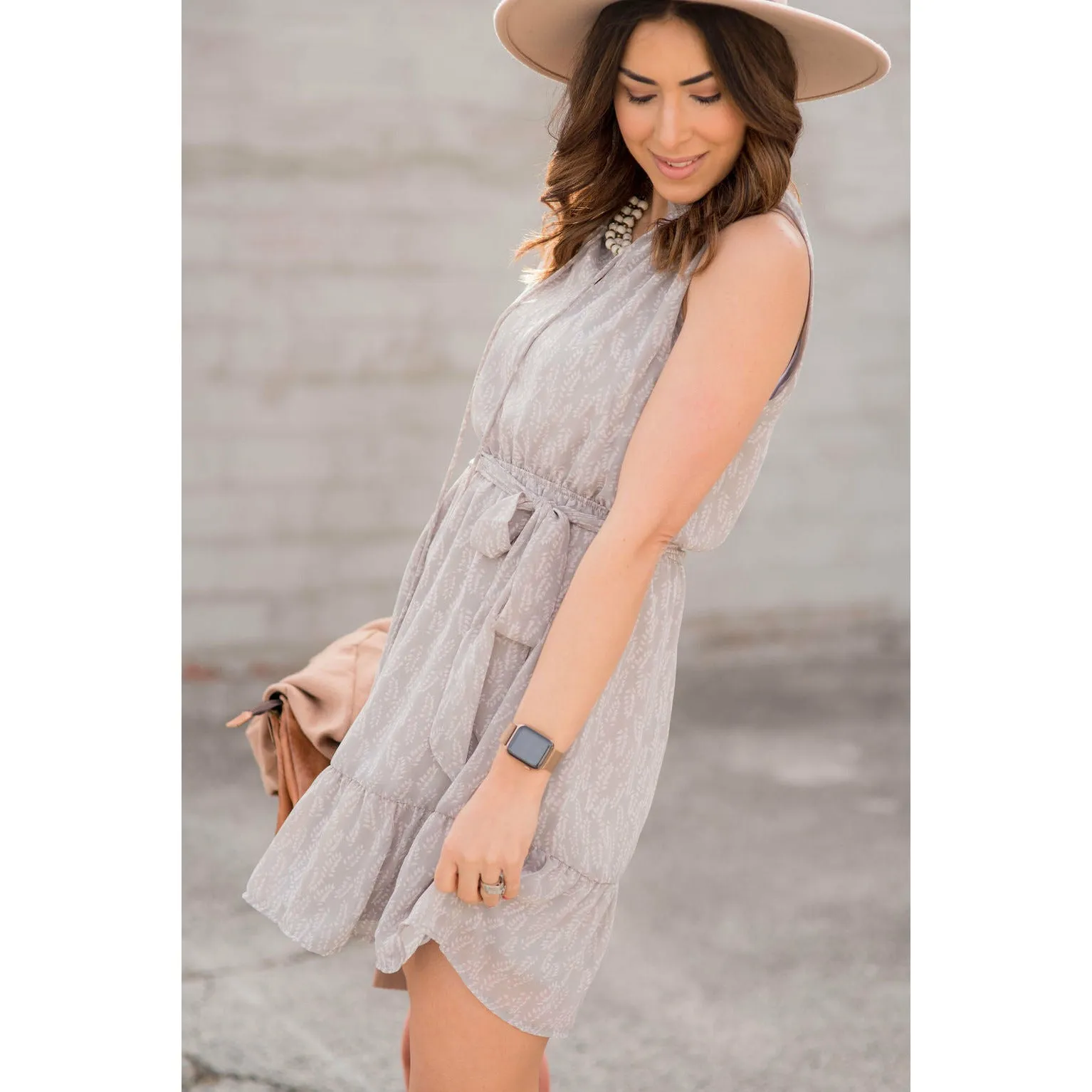 Leaf Printed Ruffled Tie Dress