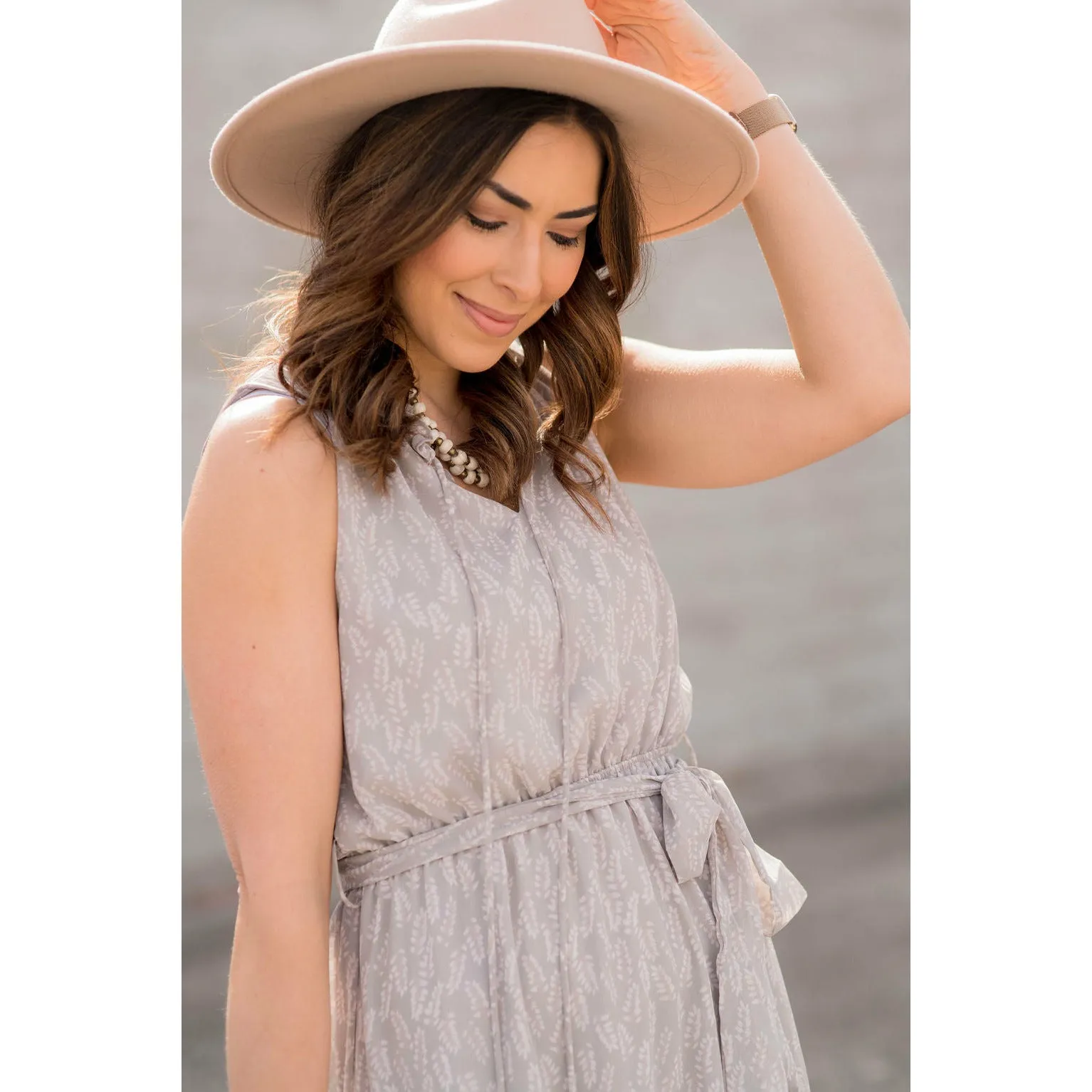 Leaf Printed Ruffled Tie Dress