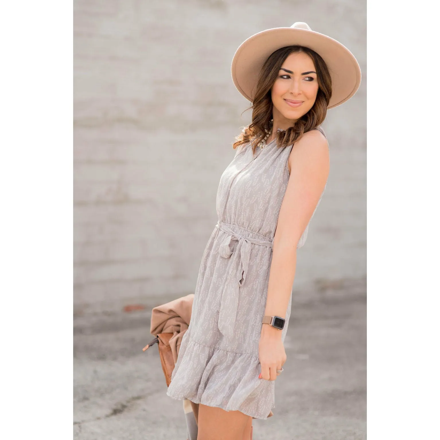Leaf Printed Ruffled Tie Dress