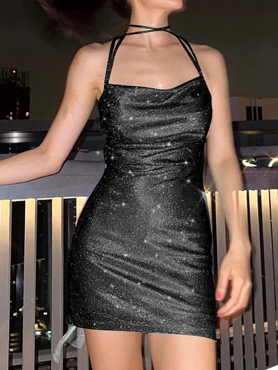 Long Sleeve Ruffle Trim Tie Front Bandage Deep V Neck Bodycon Mini Beach Party Casual Women’s Dress