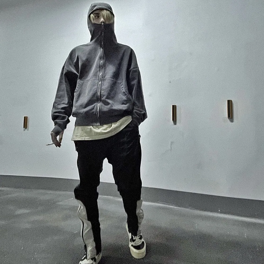 Loose Casual Hoodie Sweater Mask Zipper Distressed Cardigan
