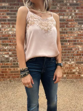 Mauve Satin Cami with Floral Embroidery