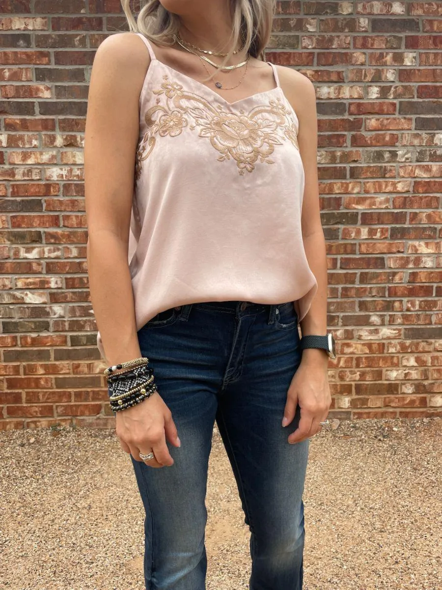 Mauve Satin Cami with Floral Embroidery