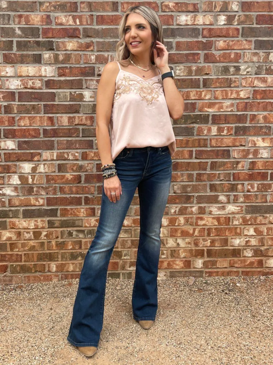 Mauve Satin Cami with Floral Embroidery