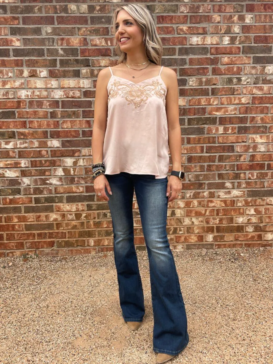 Mauve Satin Cami with Floral Embroidery