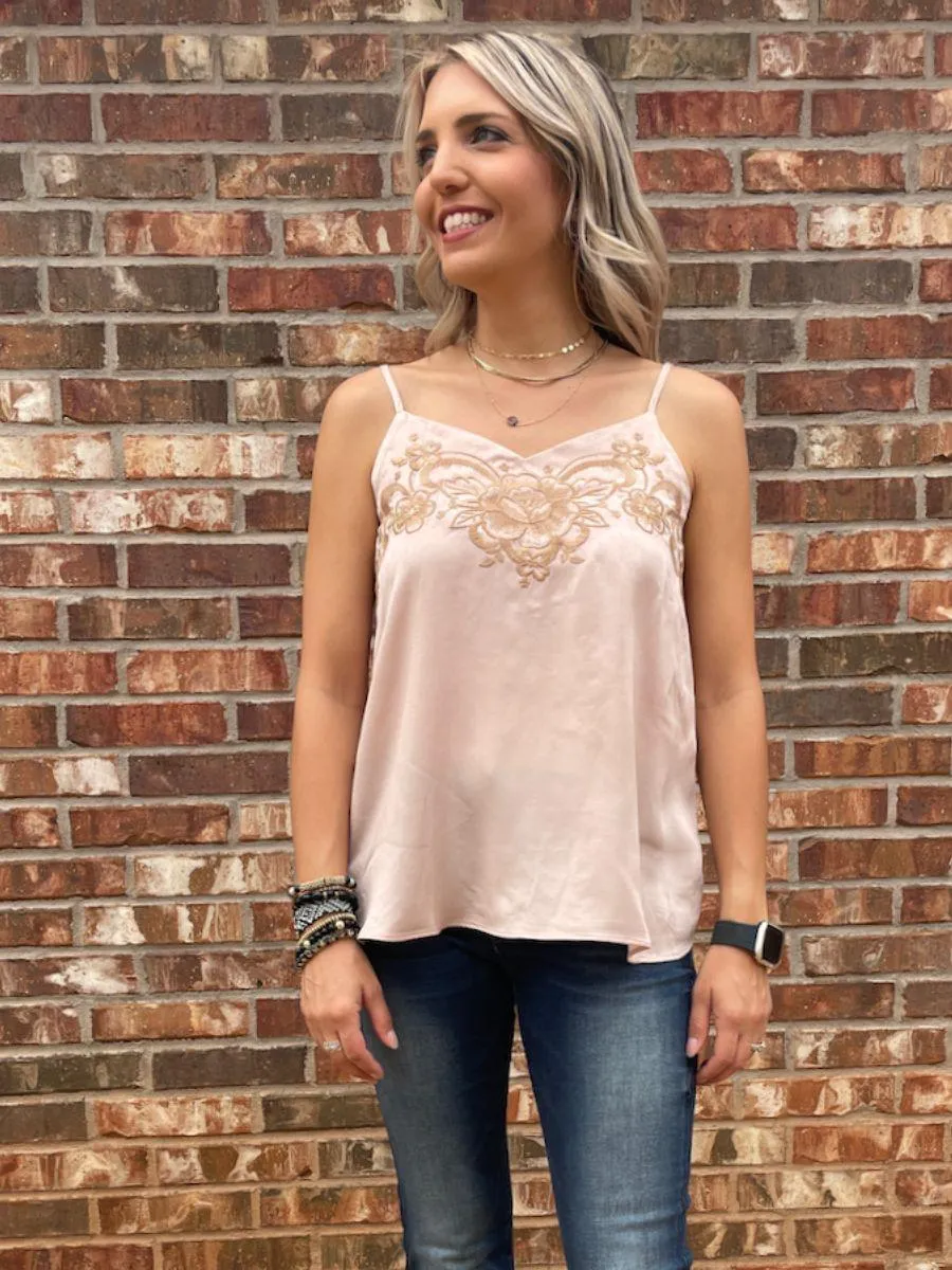 Mauve Satin Cami with Floral Embroidery