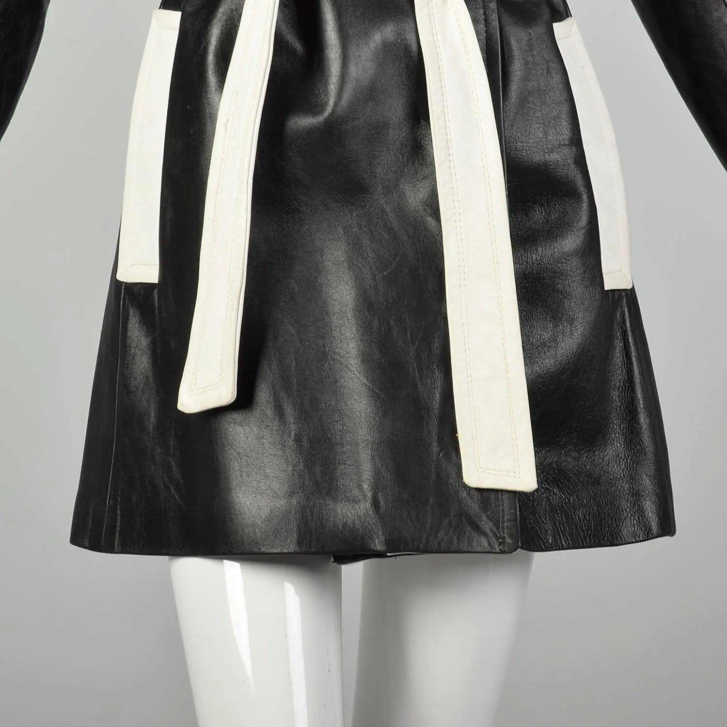Medium 1970s Leather Trench Coat Black Mod White Huge Lapel Two Tone Jacket