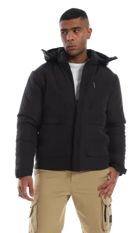 O156190 3 Pockets Full Zipper Attached Hoodie Black Jacket