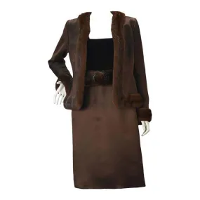 Oscar de la Renta Brown Satin and Mink Ensemble
