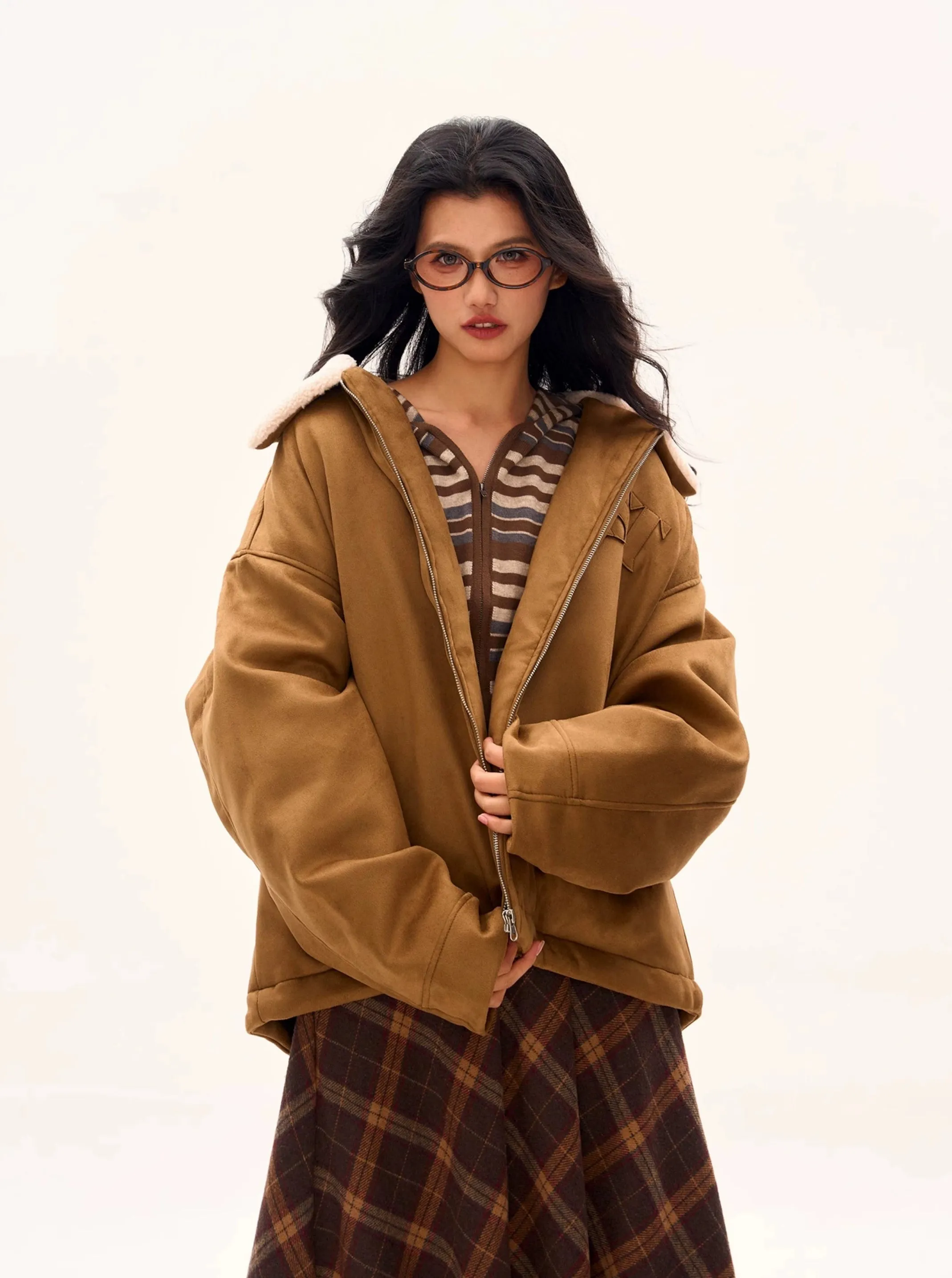 Oversized Contrast Shearling Collar Zip Jacket