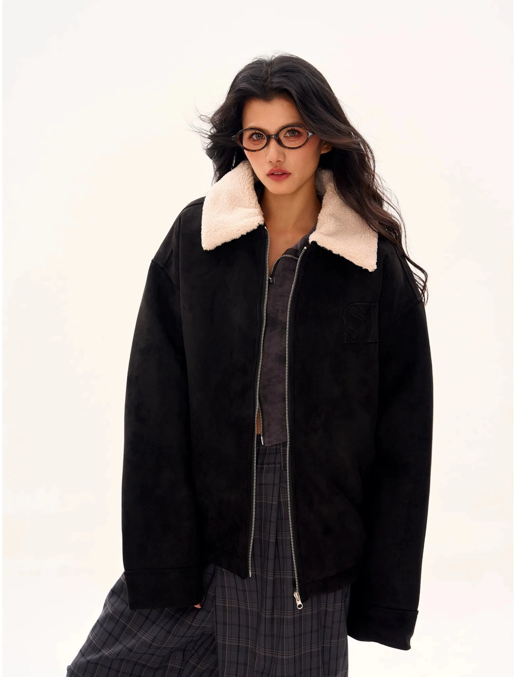 Oversized Contrast Shearling Collar Zip Jacket