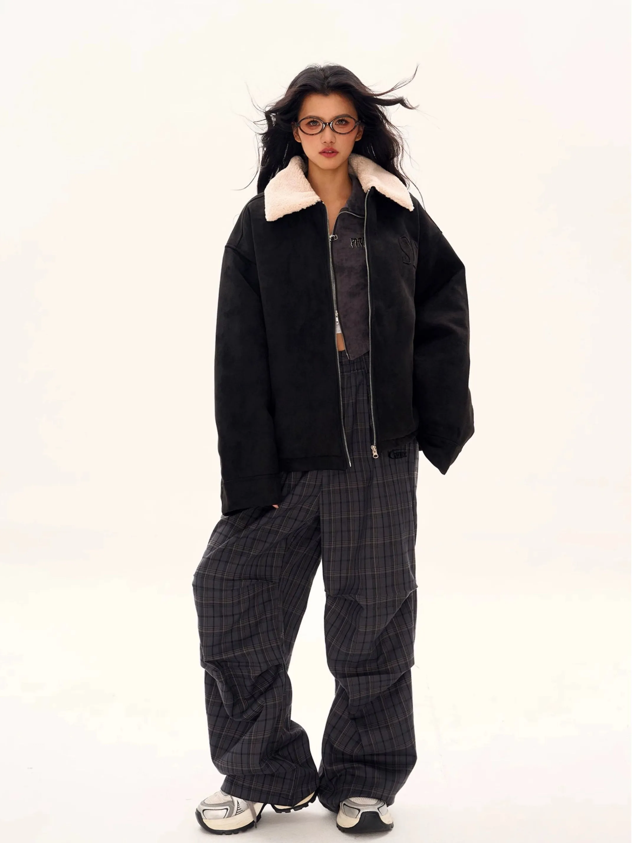 Oversized Contrast Shearling Collar Zip Jacket