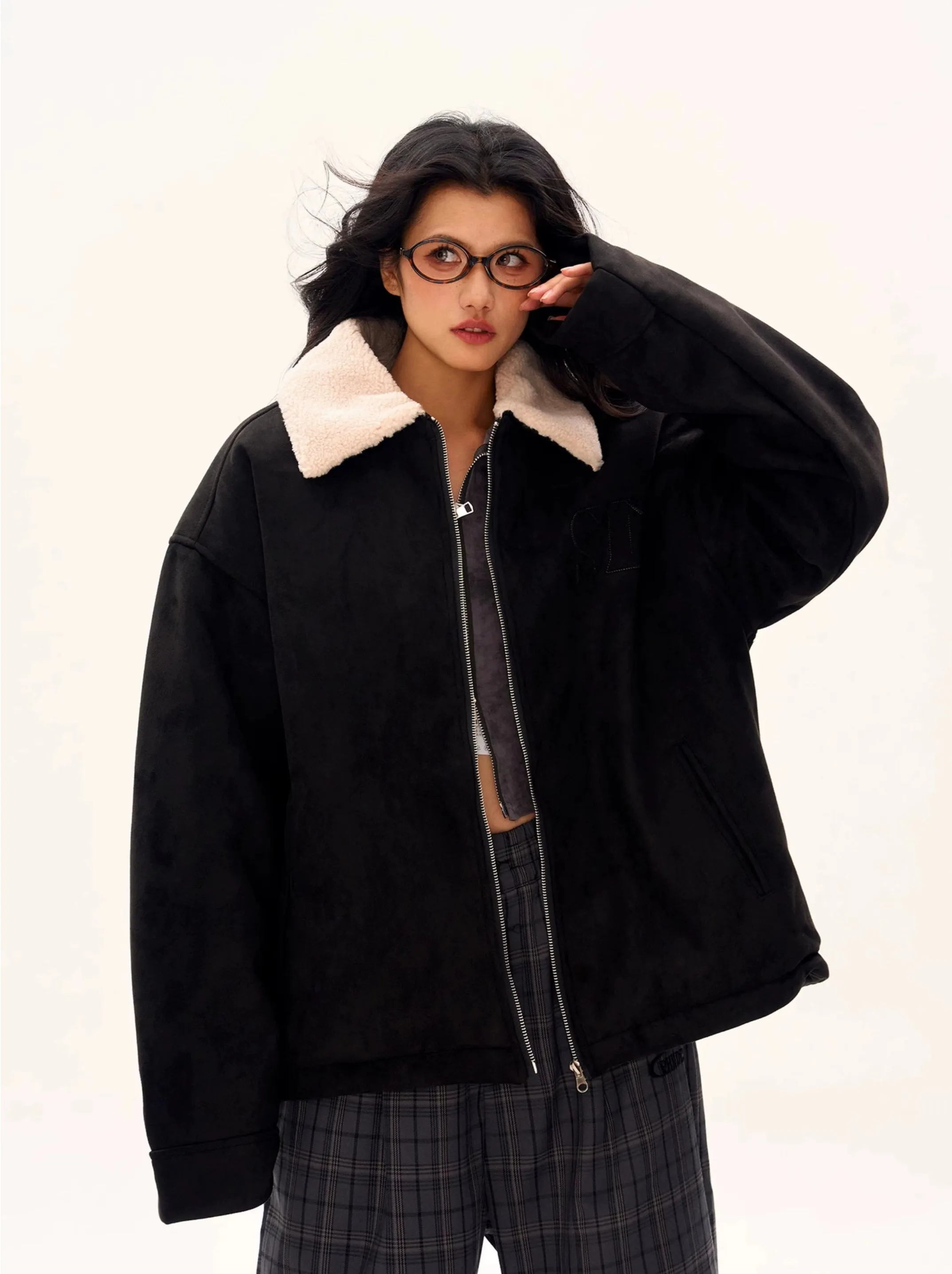 Oversized Contrast Shearling Collar Zip Jacket