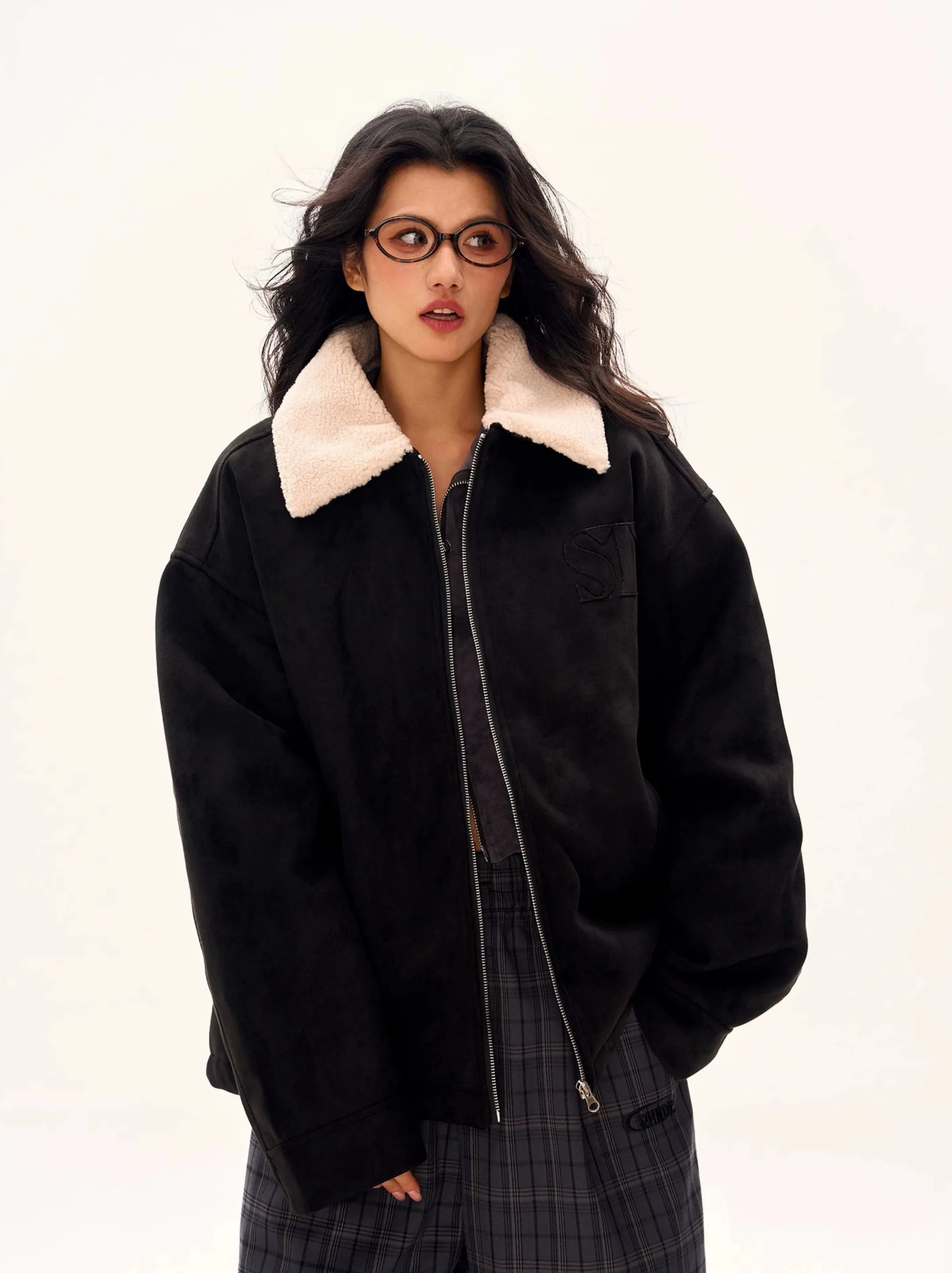 Oversized Contrast Shearling Collar Zip Jacket