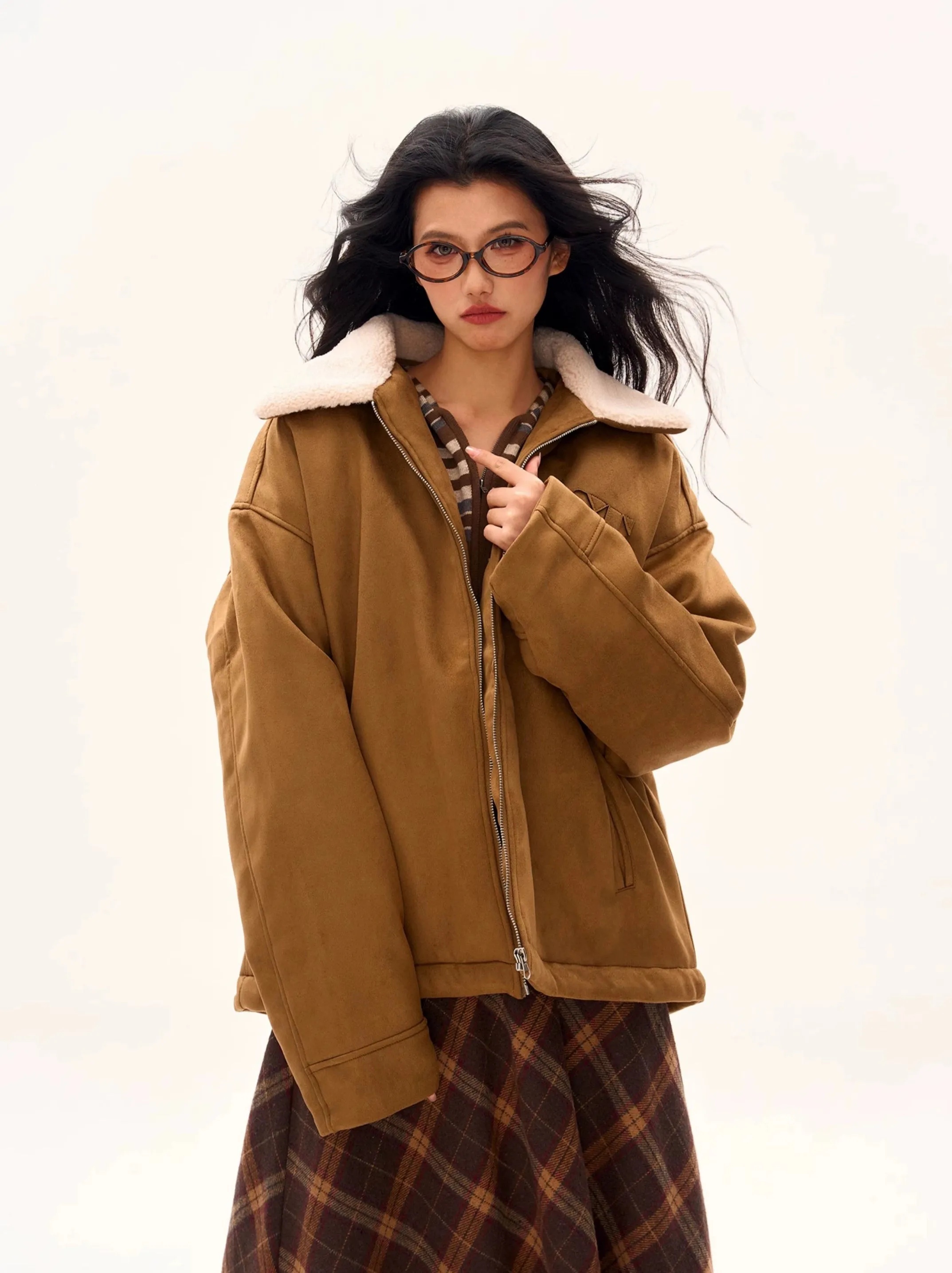 Oversized Contrast Shearling Collar Zip Jacket