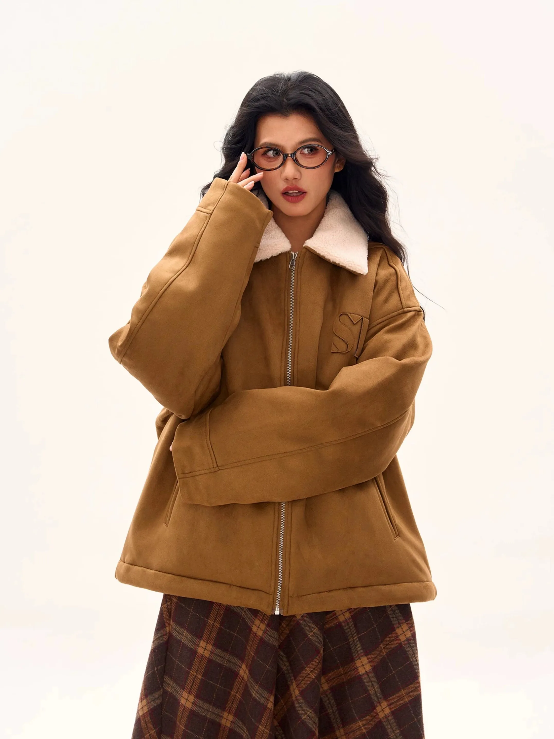 Oversized Contrast Shearling Collar Zip Jacket