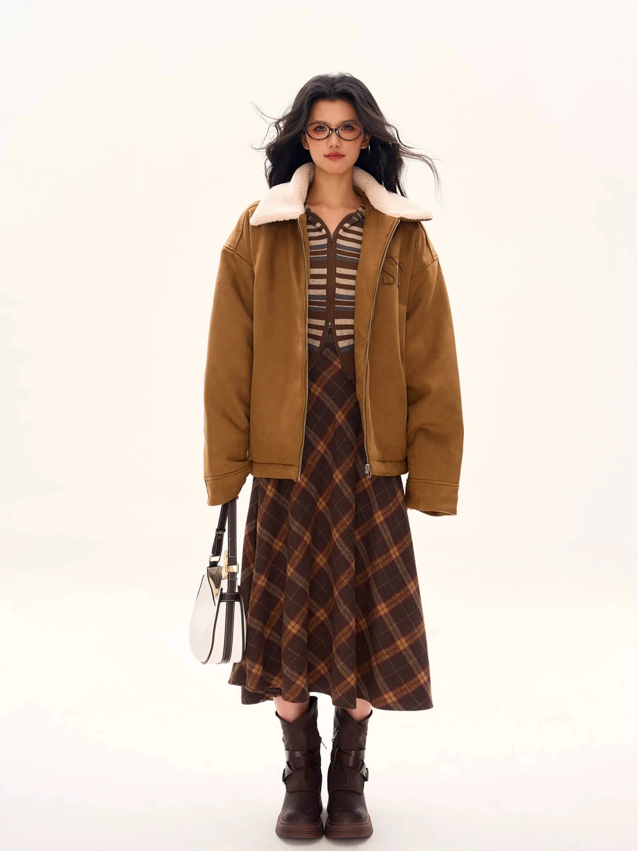 Oversized Contrast Shearling Collar Zip Jacket