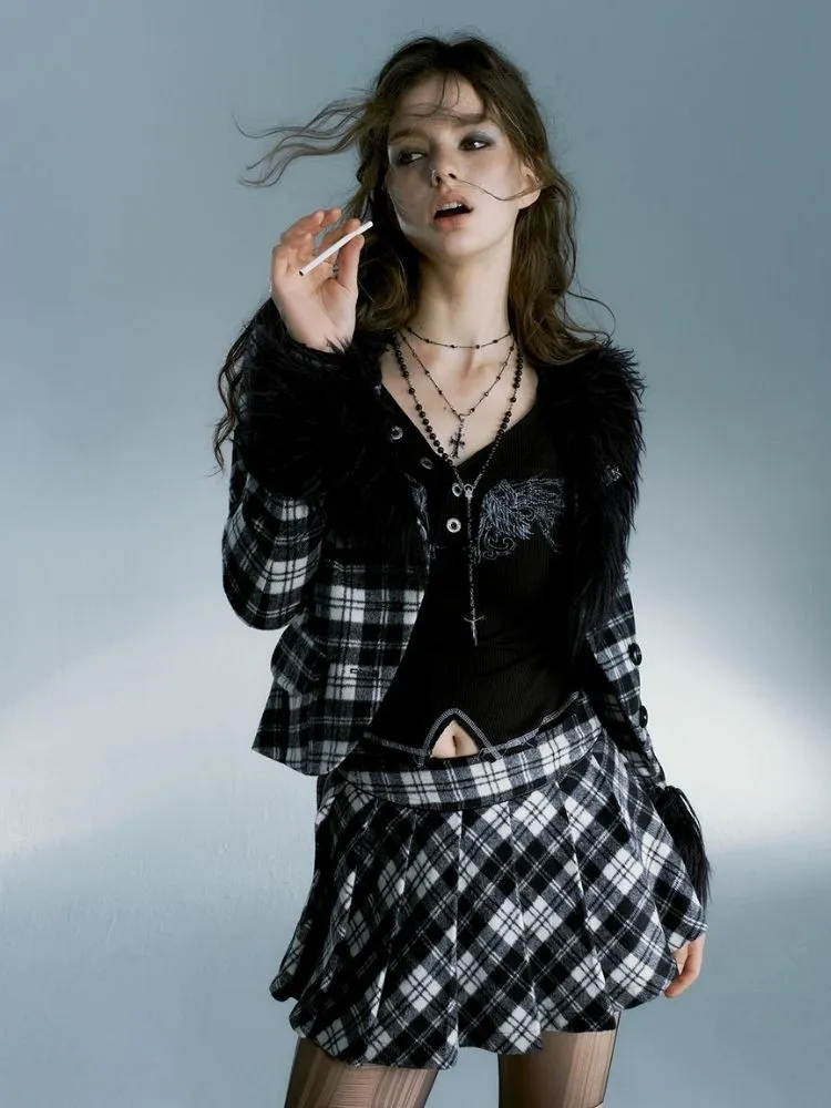 Punk night plaid jacket and pleated skirt【s0000004097】