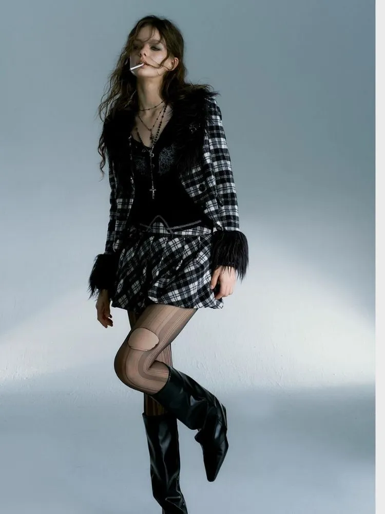 Punk night plaid jacket and pleated skirt【s0000004097】