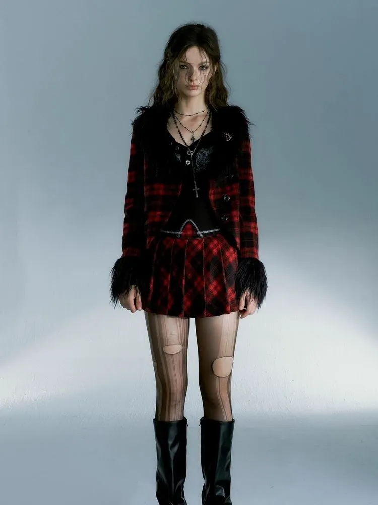 Punk night plaid jacket and pleated skirt【s0000004097】