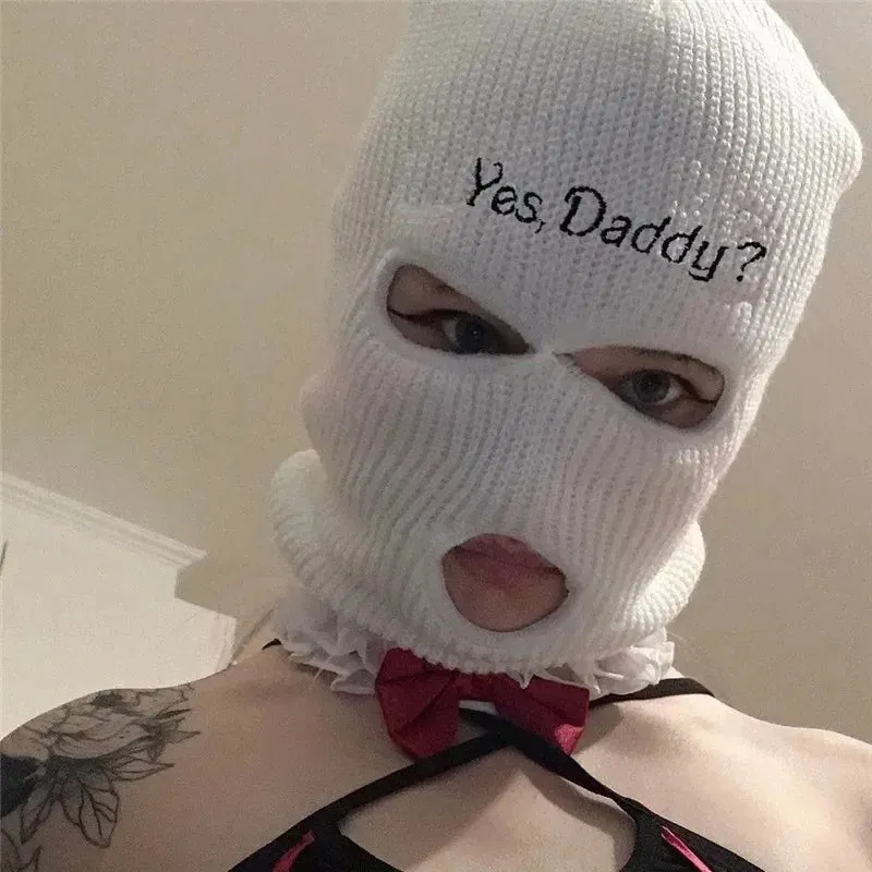 "Yes Daddy" Embroidered Balaclava – Knit Full Face Mask for Winter & Outdoor Sports