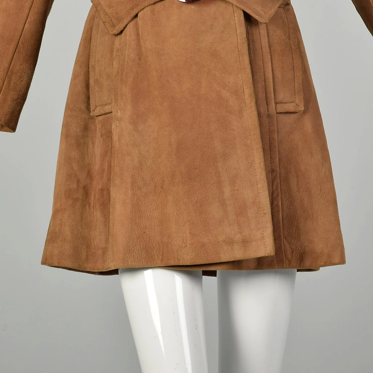 Small 1960s Mod Trench Coat Suede Leather Double Breasted Jacket