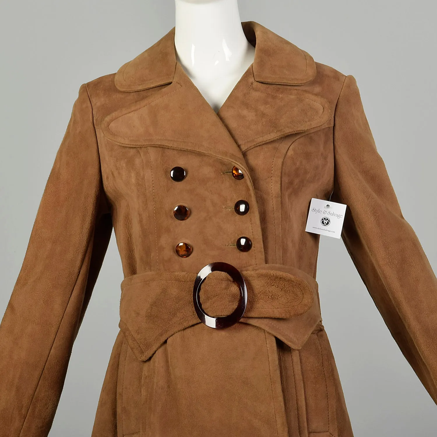 Small 1960s Mod Trench Coat Suede Leather Double Breasted Jacket