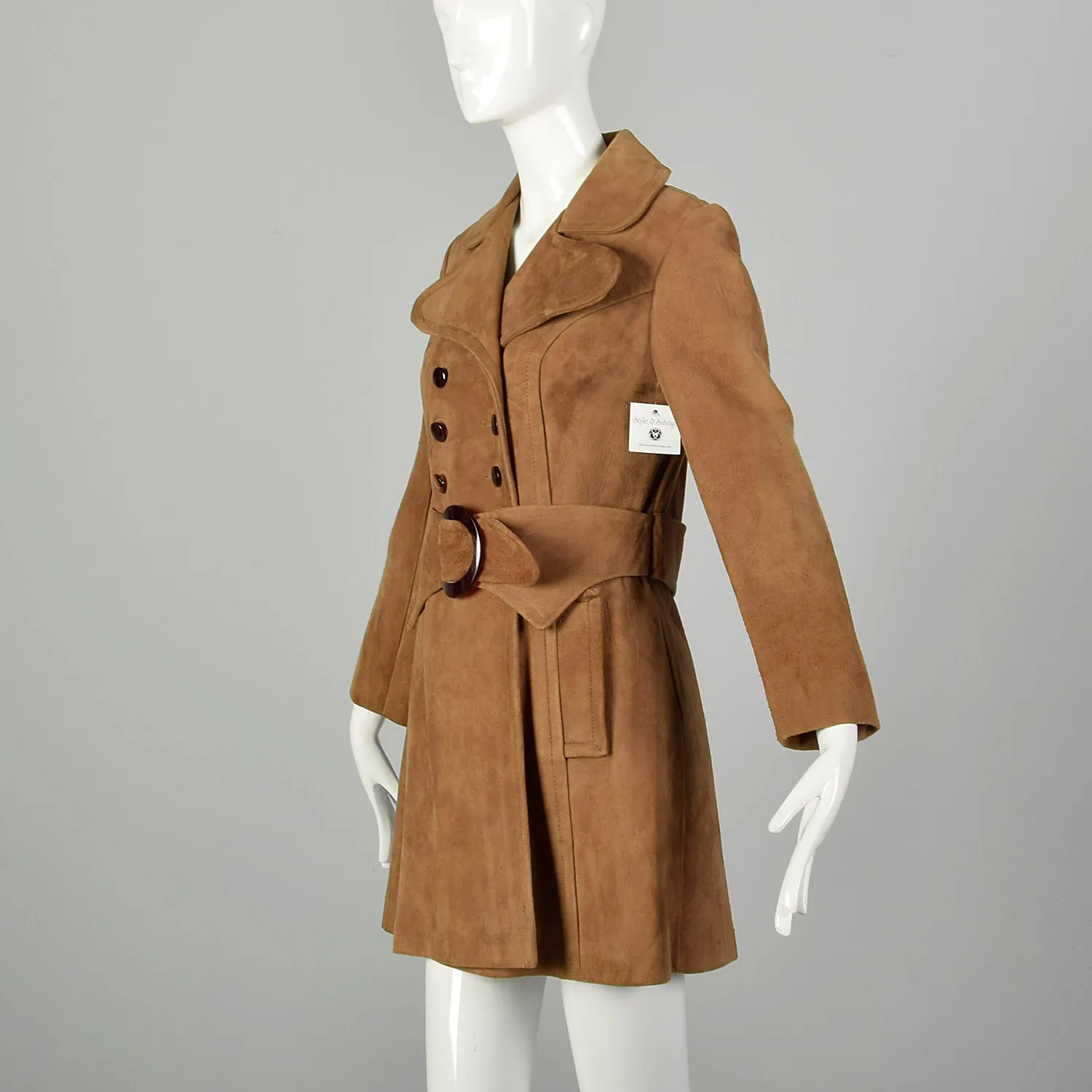 Small 1960s Mod Trench Coat Suede Leather Double Breasted Jacket