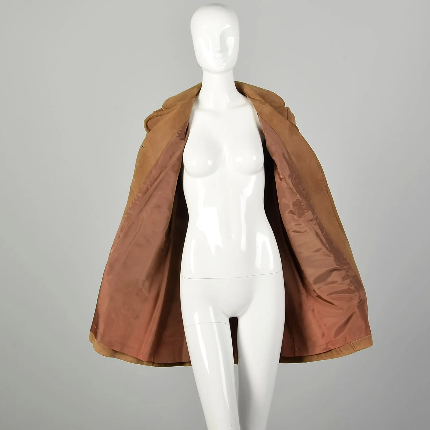 Small 1960s Mod Trench Coat Suede Leather Double Breasted Jacket