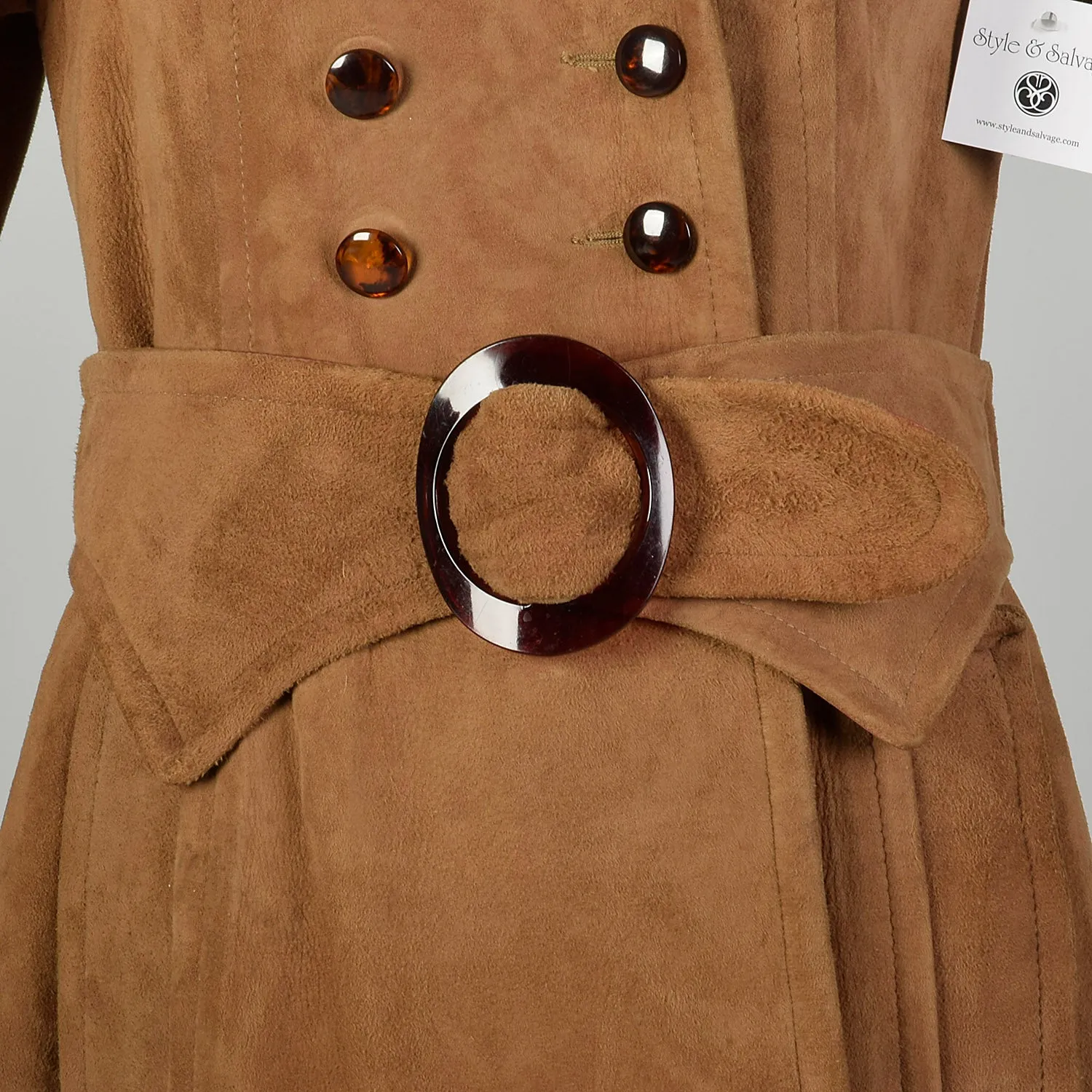 Small 1960s Mod Trench Coat Suede Leather Double Breasted Jacket
