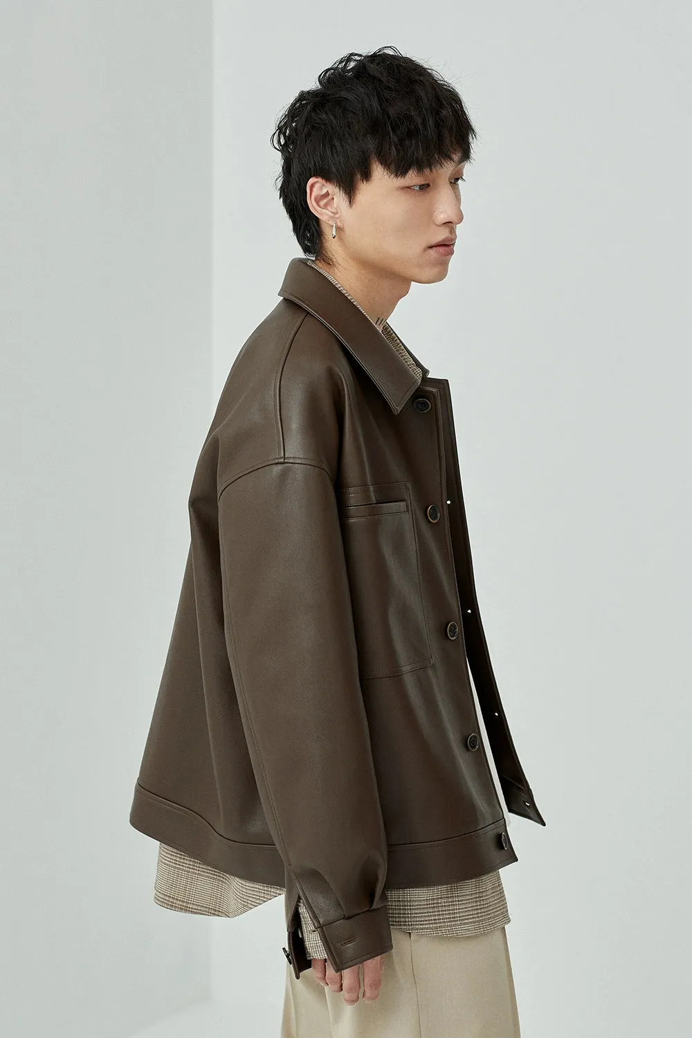 Square Neck Oversized Cropped PU Leather Jacket