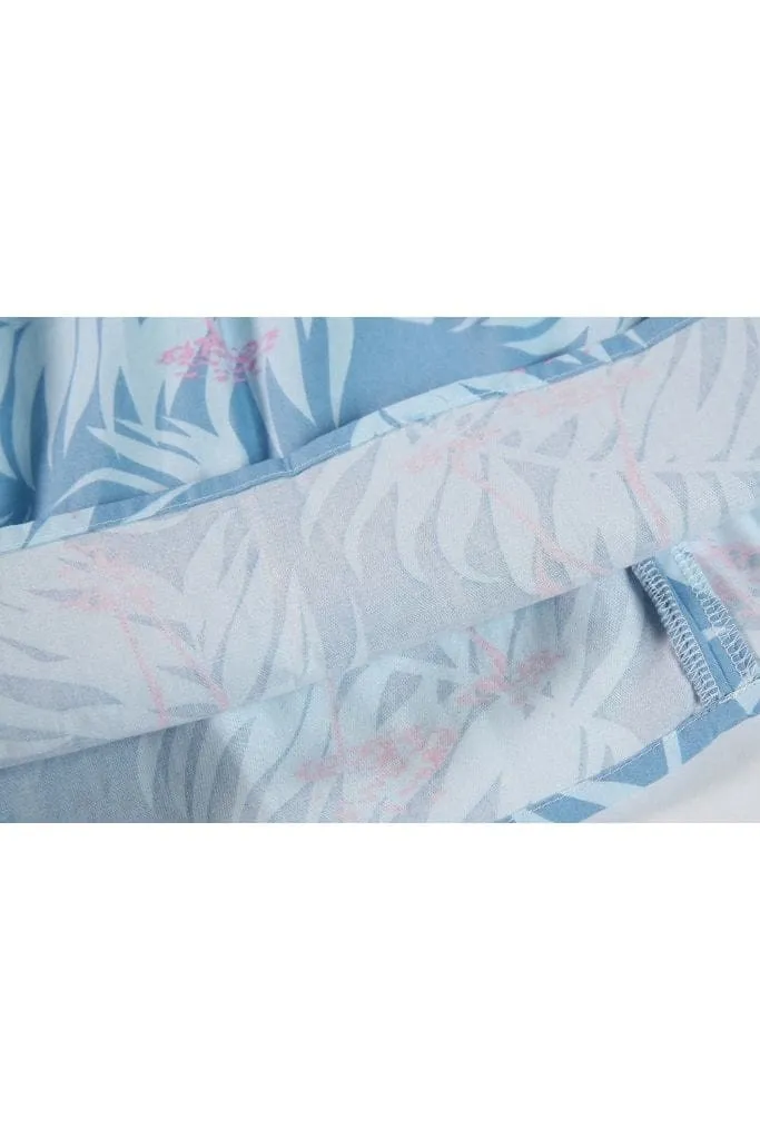 Summer Blue Box Pleated Palm Skirt with Pink Flamingo and Pockets