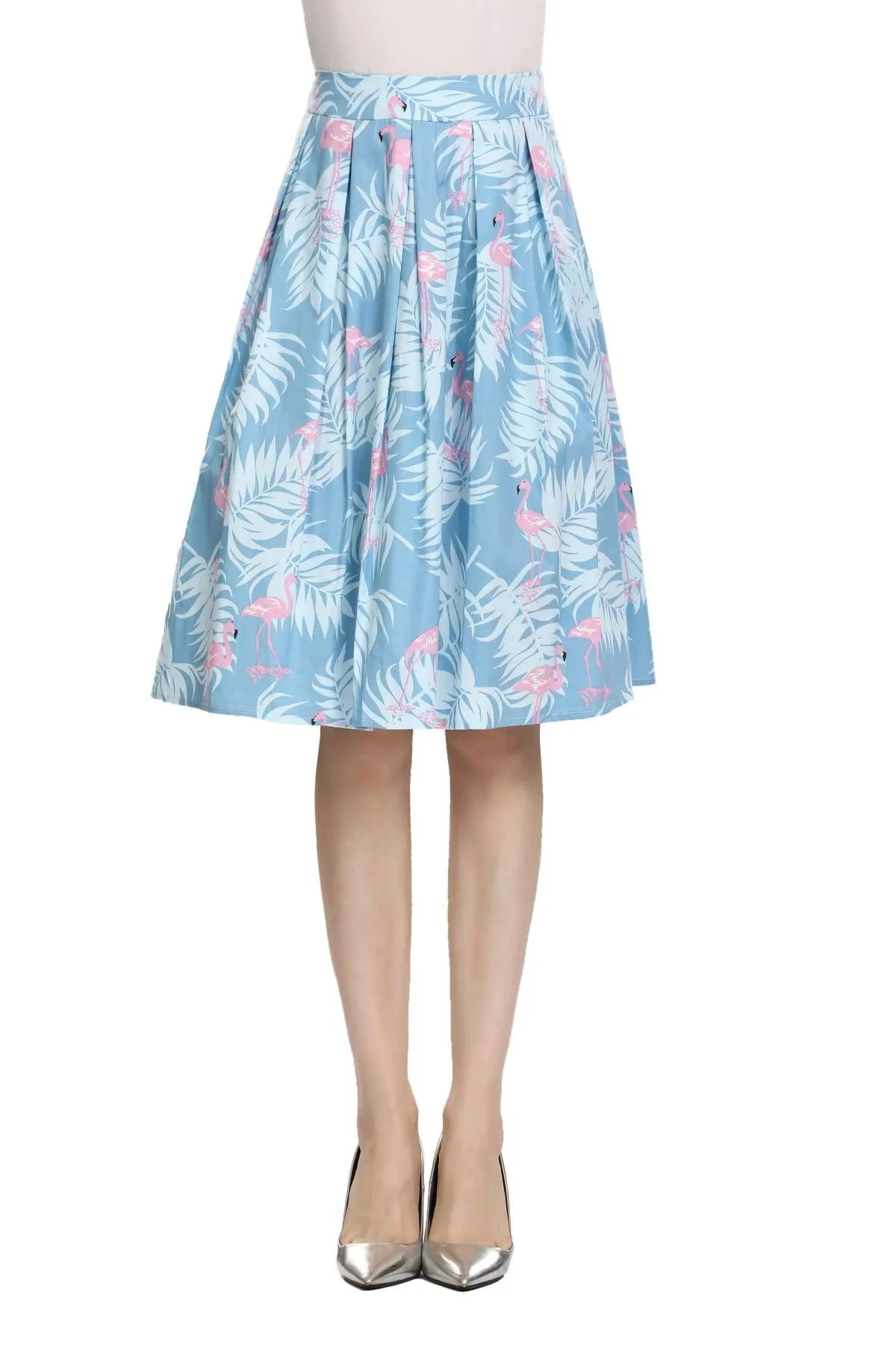 Summer Blue Box Pleated Palm Skirt with Pink Flamingo and Pockets
