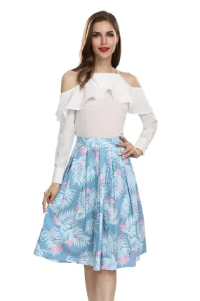 Summer Blue Box Pleated Palm Skirt with Pink Flamingo and Pockets