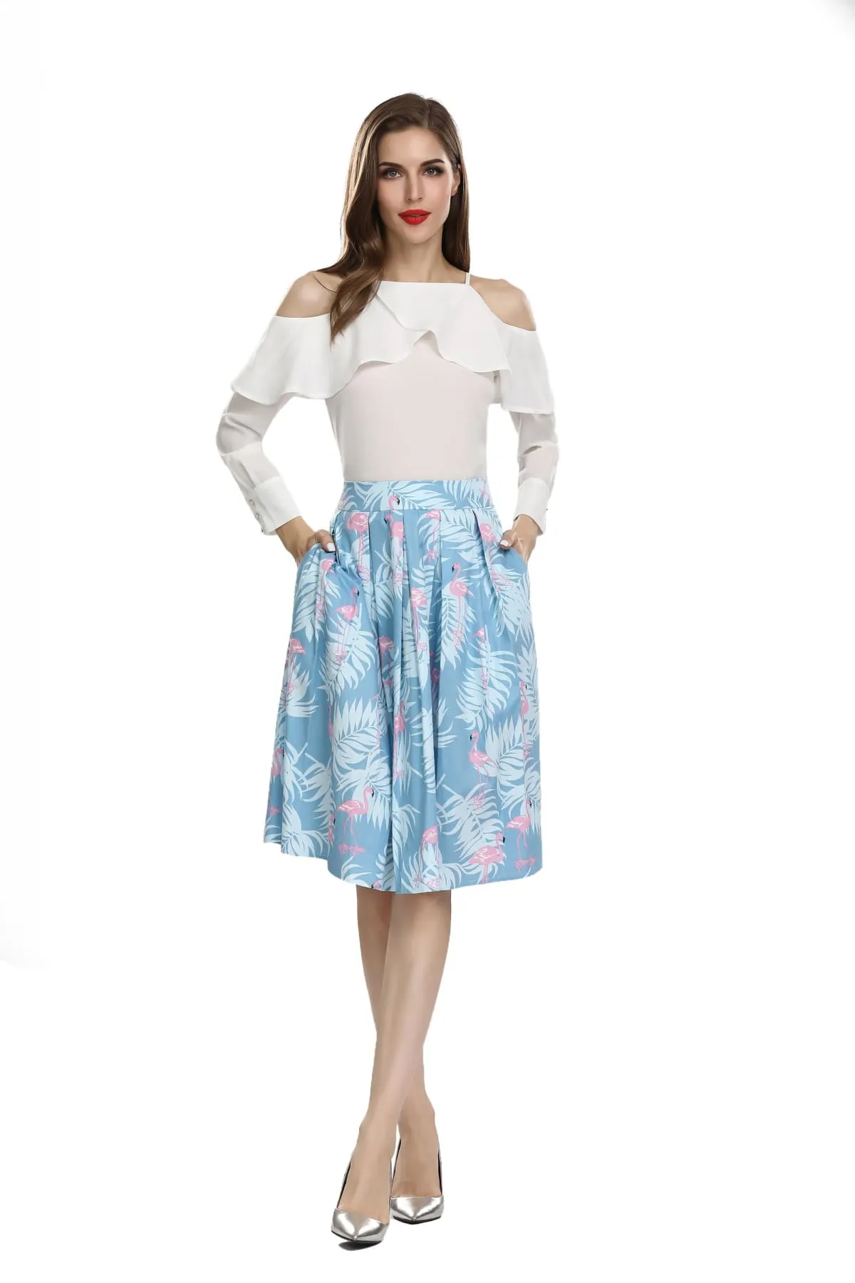 Summer Blue Box Pleated Palm Skirt with Pink Flamingo and Pockets