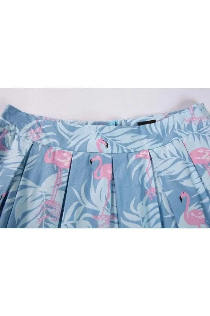 Summer Blue Box Pleated Palm Skirt with Pink Flamingo and Pockets