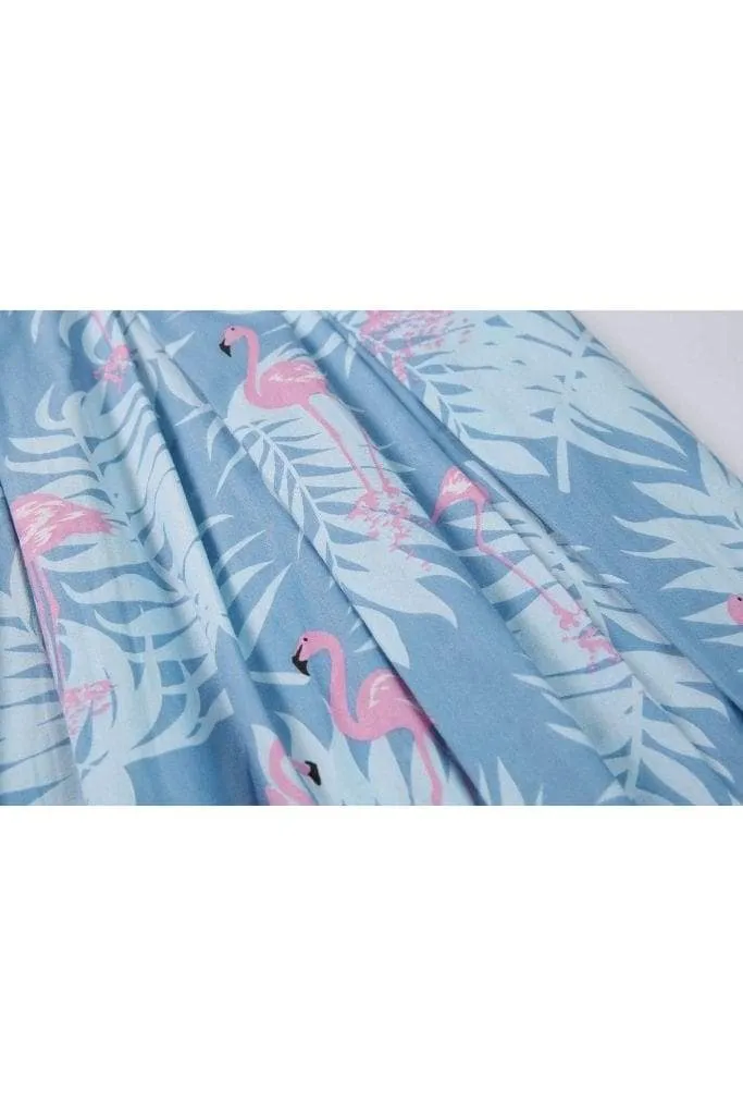 Summer Blue Box Pleated Palm Skirt with Pink Flamingo and Pockets